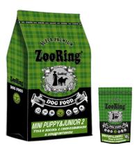 Сухой корм ZOORING MINI PUPPY&JUNIOR 2 УТКА И ЛОСОСЬ С ГЛЮКОЗАМИНОМ И ХОНДРОИТИНОМ, для щенков и юниоров мелких и средних пород с 5 до 10-12 месяцев, в зависимости от породы, учитывает их потребность в повышенной энергии