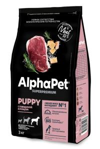 Сухой полнорационный корм AlphaPet Superpremium с говядиной и рубцом для щенков до 6 месяцев, беременных и кормящих собак крупных пород