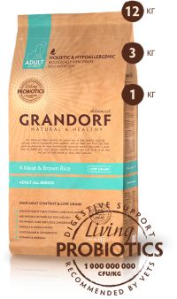 ���� GRANDORF ADULT ALL BREEDS LIVING PROBIOTICS 4 MEAT & BROWN RICE, ��� ����� ���� ����� � ������ ������������ �� 4 ����� ���� � ����� �����.